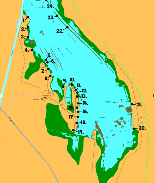 Orientační mapa očíslovaných rybářských míst